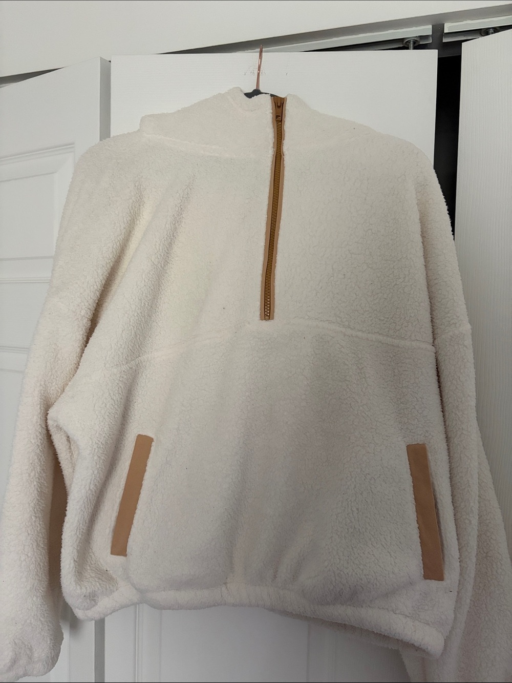 GAP Cream Sherpa Zip-Up Pullover with Tan Trim